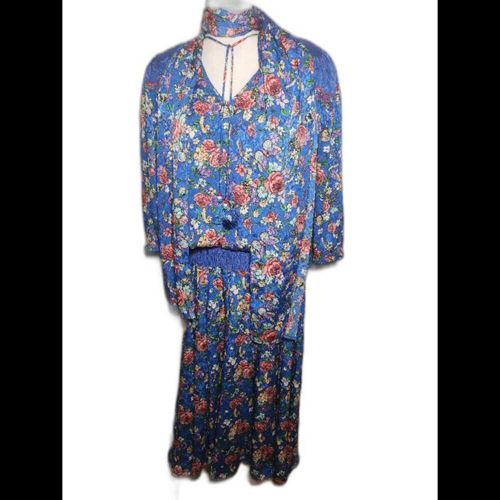 (13) Diane Freis Blue Floral Georgette Dress, 1990s